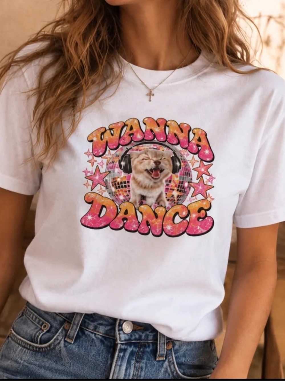 Wanna Dance White Graphic Tee, Funny Cat Dancing